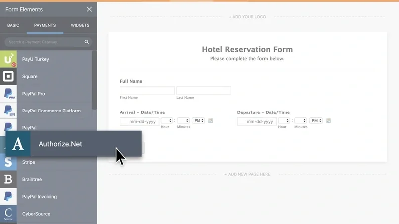 Jotform form builder with the Authorize.Net payment gateway selected in the payments panel
