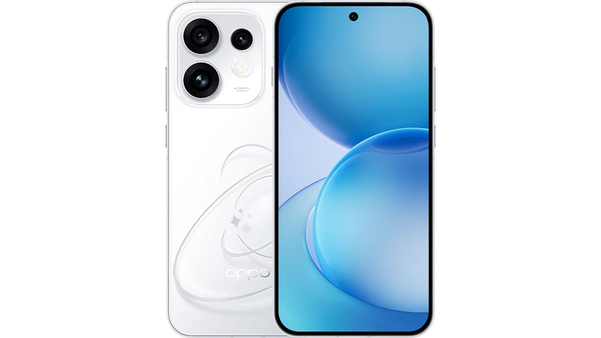 Oppo Reno16 smartphone in white showing the rear camera module and the front display