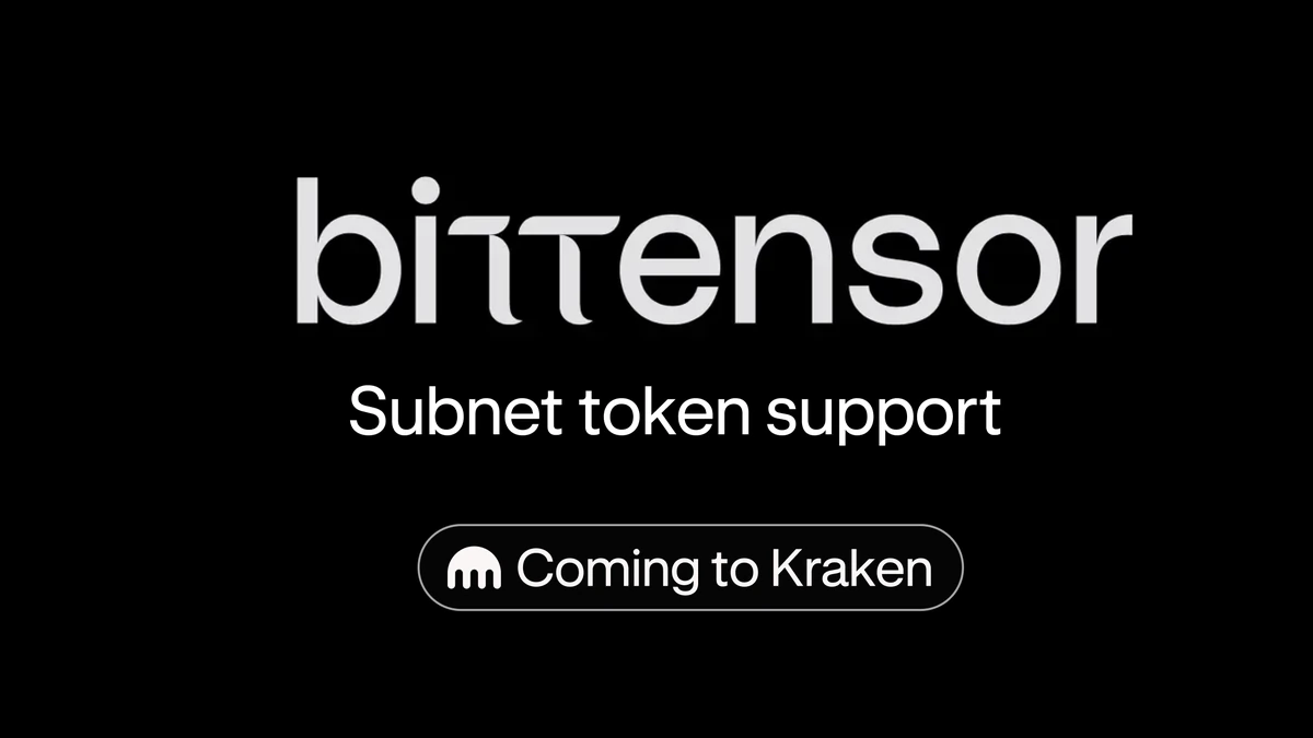 Bittensor subnet token support coming to Kraken, the Bittensor wordmark and Kraken logo on black