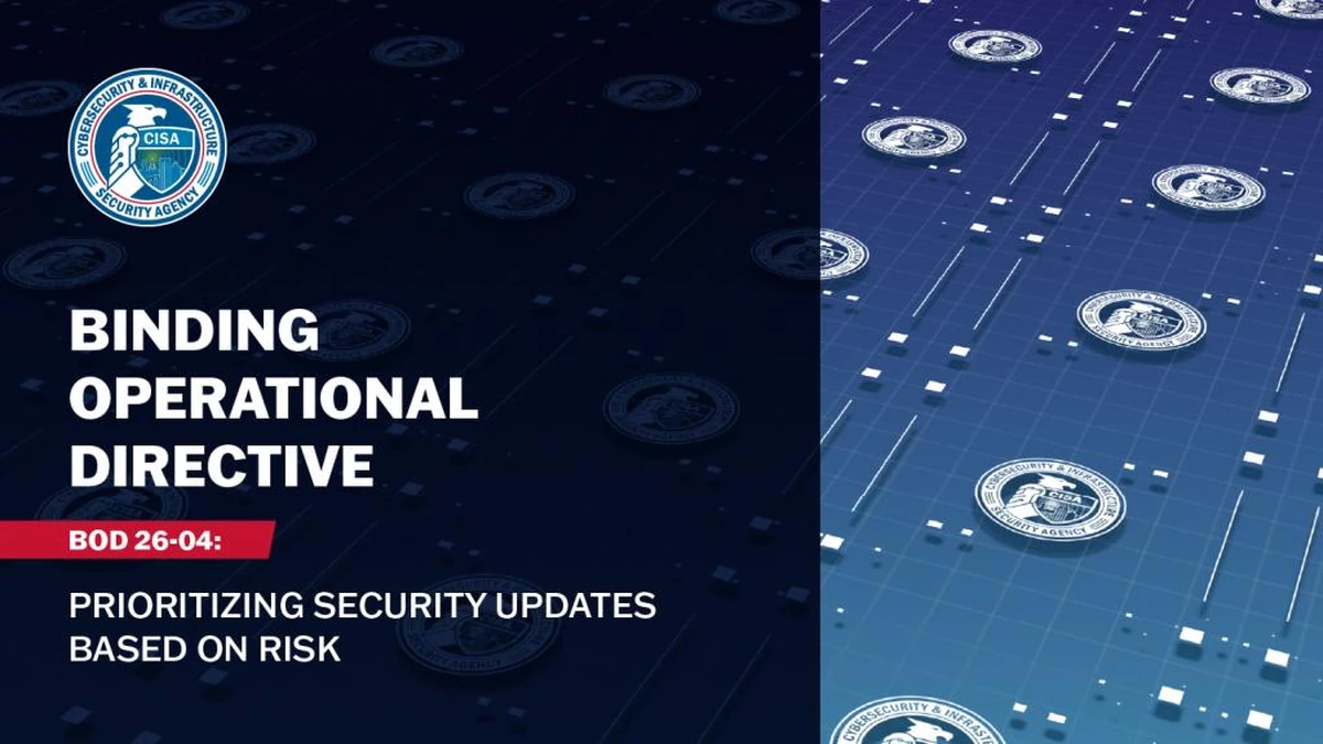CISA Binding Operational Directive BOD 26-04 announcement card with agency seal on navy blue