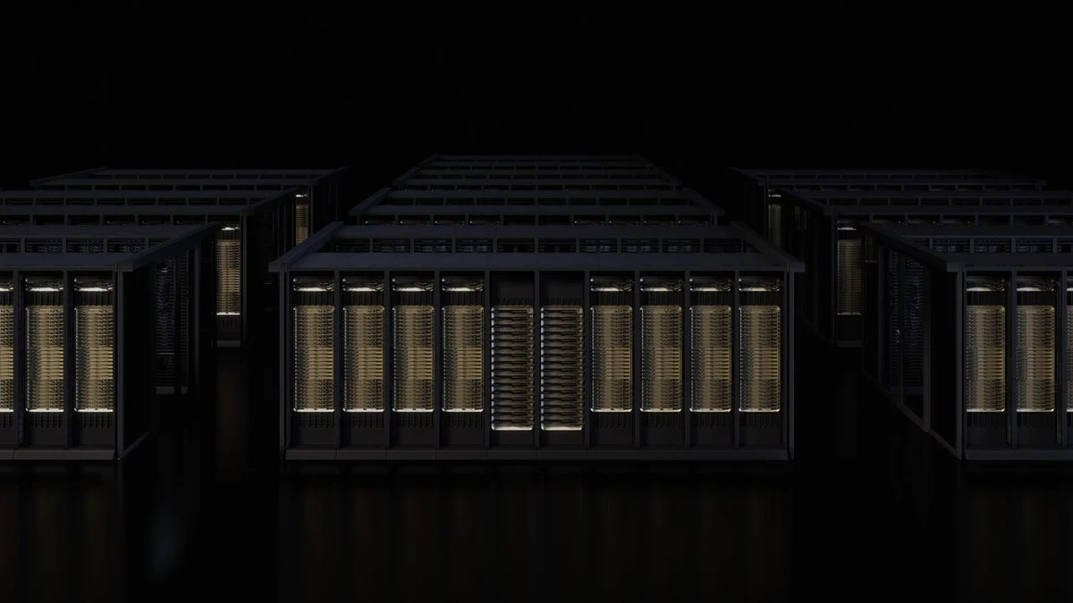 NVIDIA DGX Blackwell server rack cluster in dramatic dark lighting