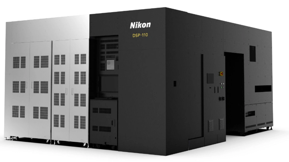 Nikon DSP-110 digital lithography system, a large black and silver cabinet machine seen from a front corner