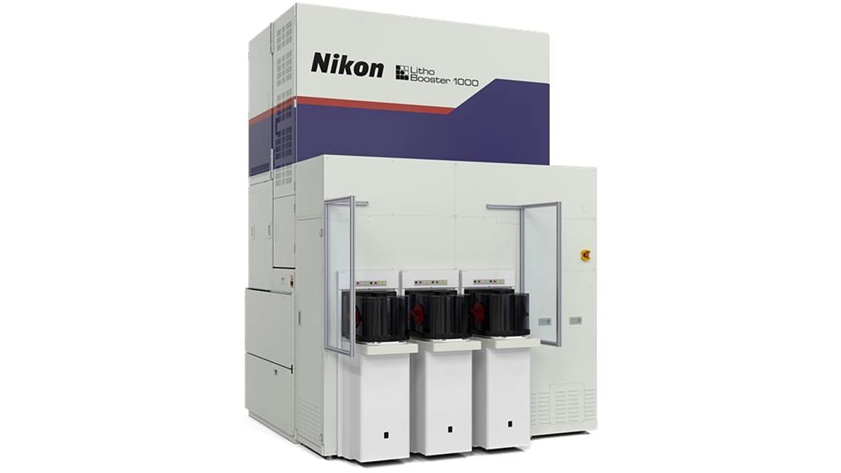 Nikon Litho Booster 1000 semiconductor tool with three loading ports and its access doors open