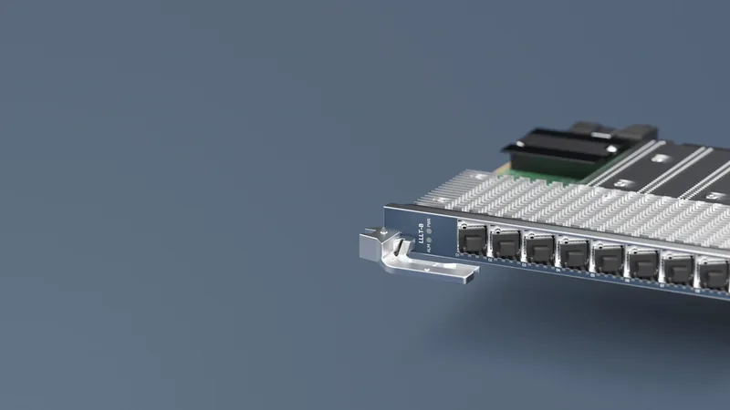 Nokia fiber access line card with a row of optical ports, angled against a gray background