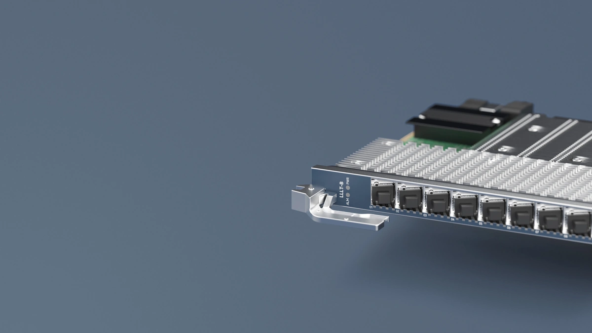 Nokia fiber access line card with a row of optical ports, angled against a gray background