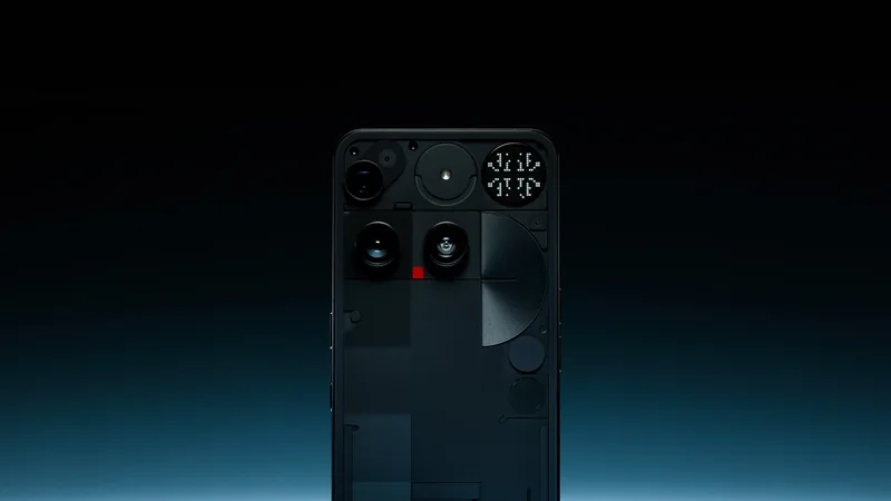 Nothing Phone (3) seen from the back, its transparent panel, three cameras and red recording light against a dark background