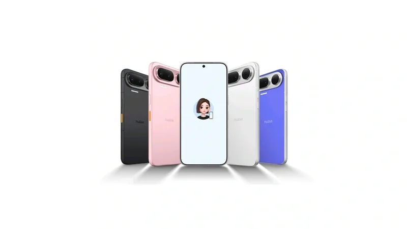 Five nubia NaviX Ultra phones in black, pink, white, and blue, one shown face-on with its display lit