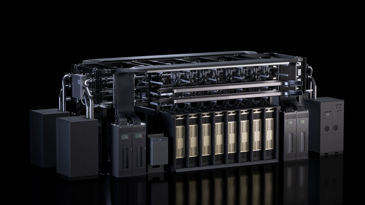 NVIDIA Vera Rubin rack system render with liquid-cooling pipes and power units on a black background