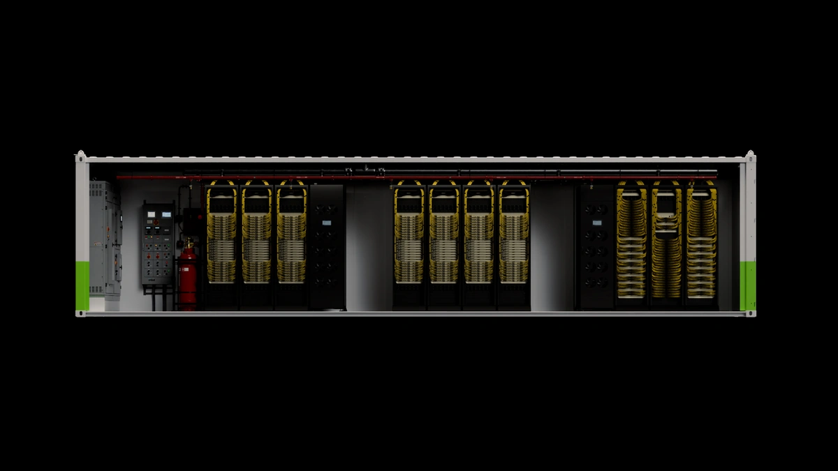NVIDIA DSX POD container cutaway showing equipment racks, a power panel and a fire extinguisher on a black background