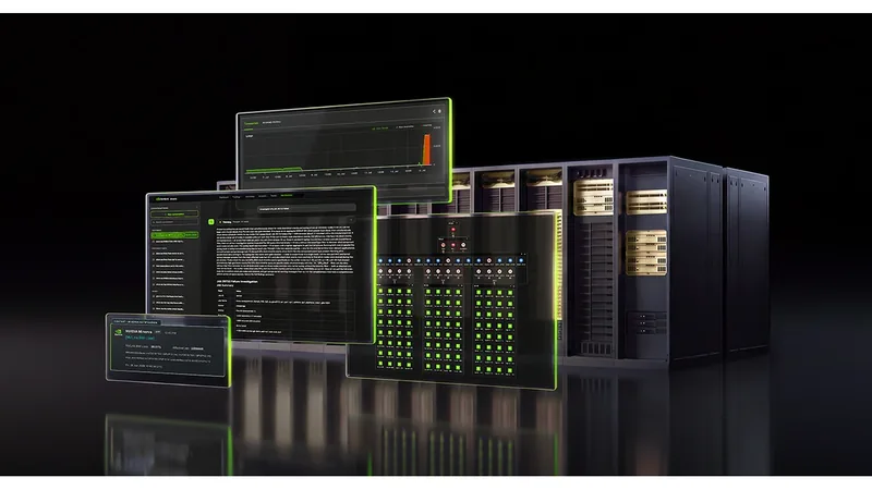 NVIDIA Minerva dashboards with graphs and alerts floating in front of rows of black server racks with green lights