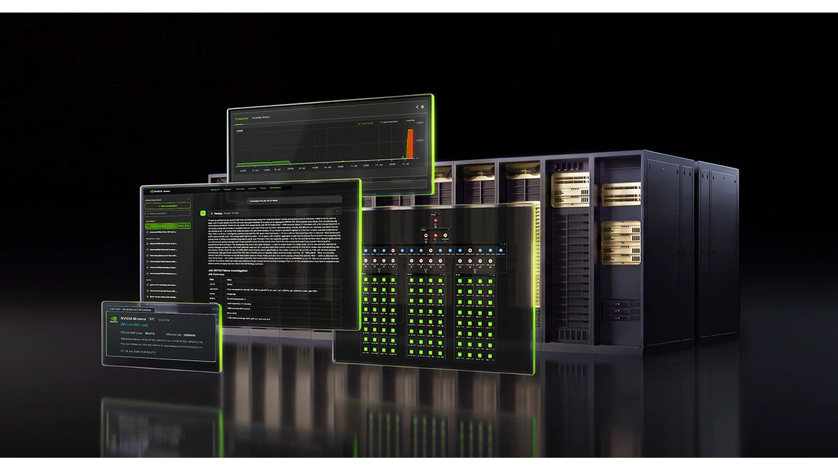 NVIDIA Minerva dashboards with graphs and alerts floating in front of rows of black server racks with green lights