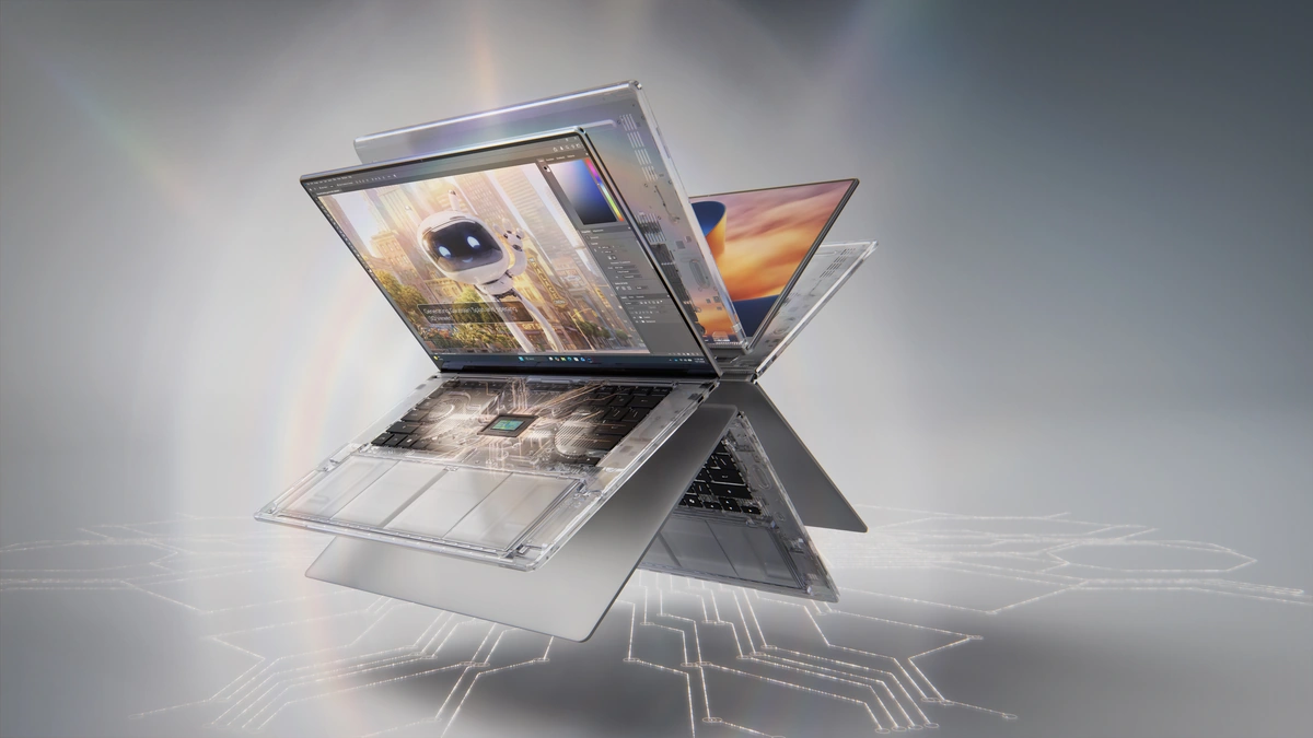 NVIDIA RTX Spark laptops with see-through chassis showing the chip, above a glowing circuit pattern