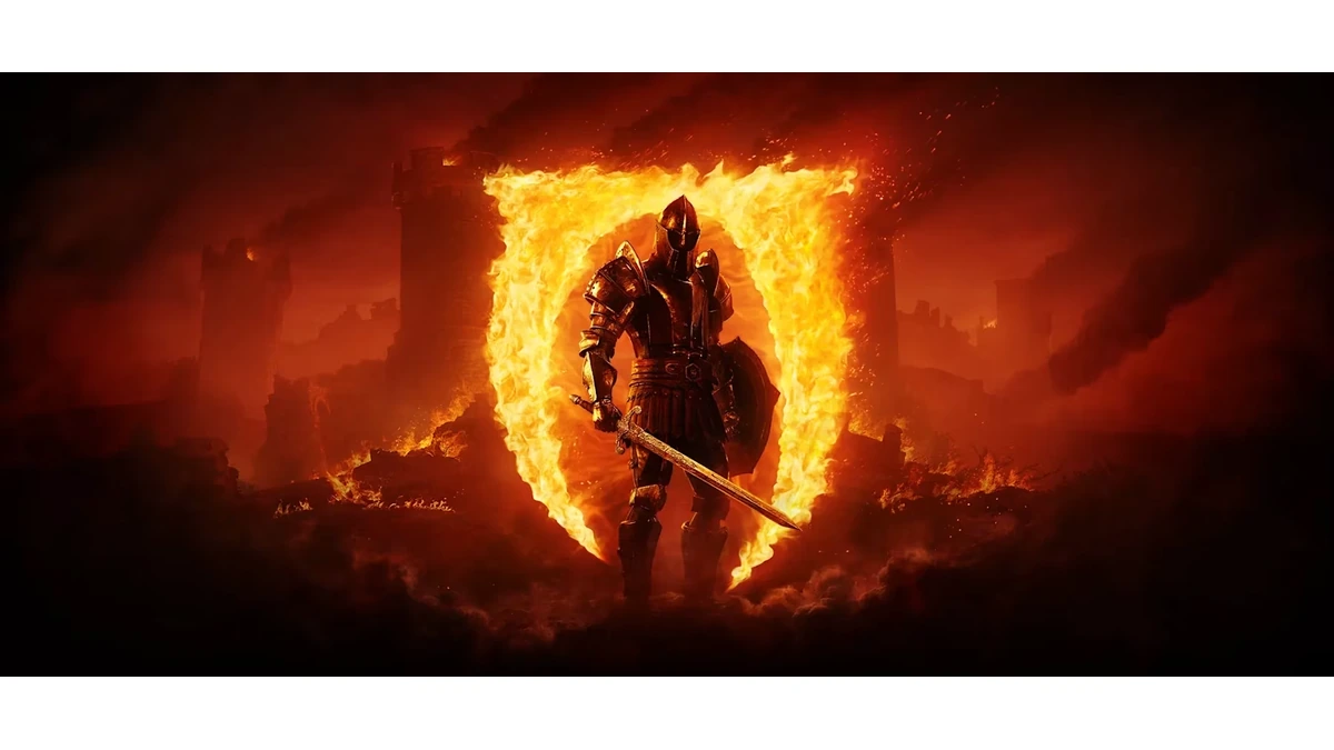 Oblivion Remastered key art with an armored knight before a burning Oblivion gate