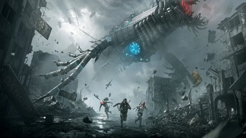 Once Human key art showing three survivors fleeing down a ruined street below a colossal creature with a glowing blue core