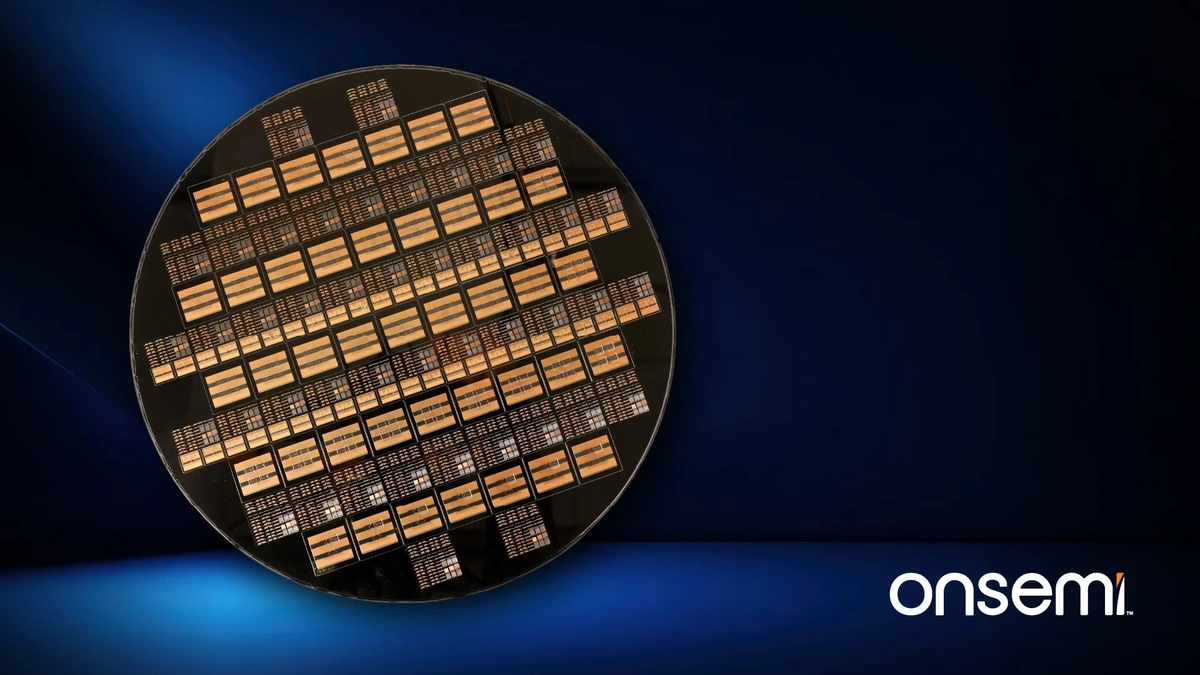 onsemi Embedded Power Platform silicon wafer with integrated dies, onsemi logo in the corner