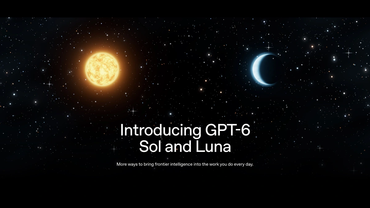 OpenAI GPT-6 Sol and Luna announcement graphic: a glowing sun and a crescent moon above the launch title in a starry sky