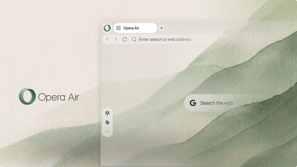 Opera Air browser window showing its minimal start page with a search field over a soft green background