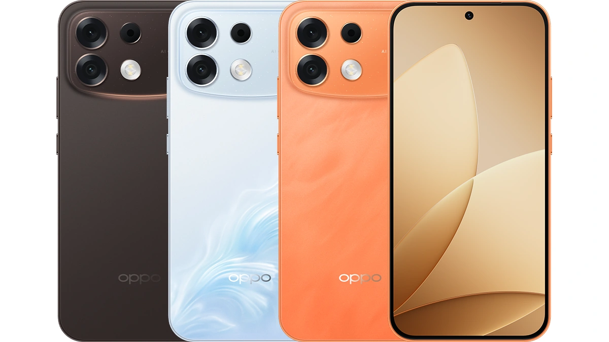 Oppo F35 Pro 5G shown from the back in several finishes beside a model with its display facing front