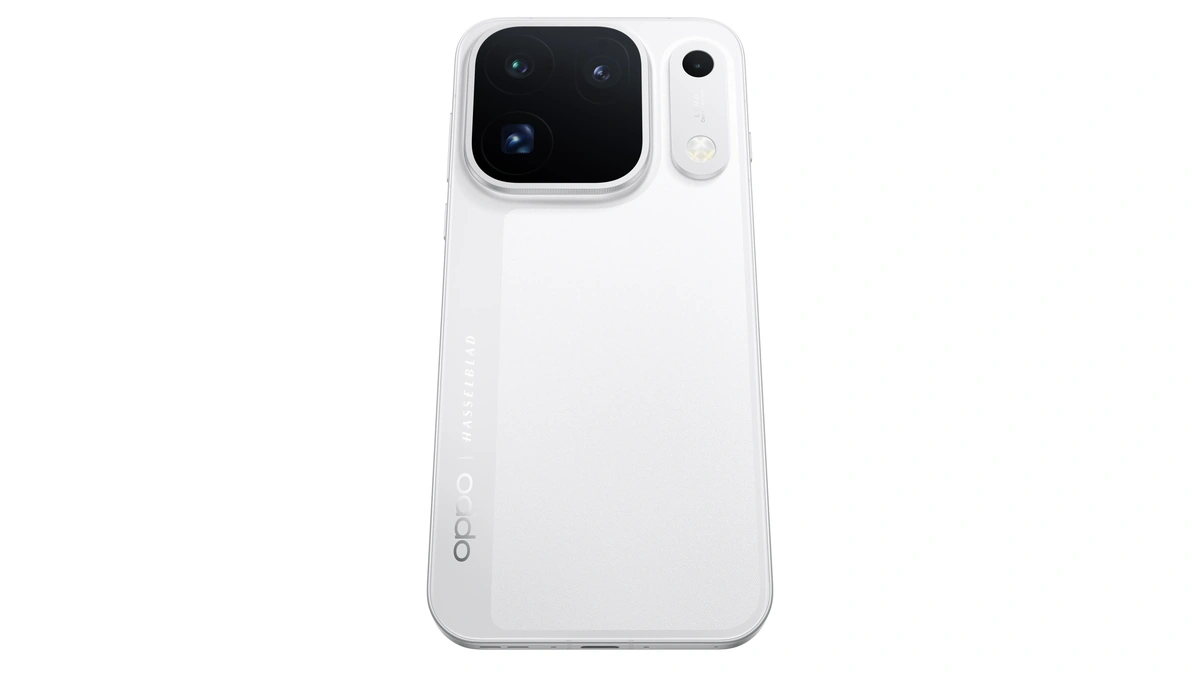 Back of a white OPPO Find X10 Pro Max with a square black triple-camera module and Hasselblad branding