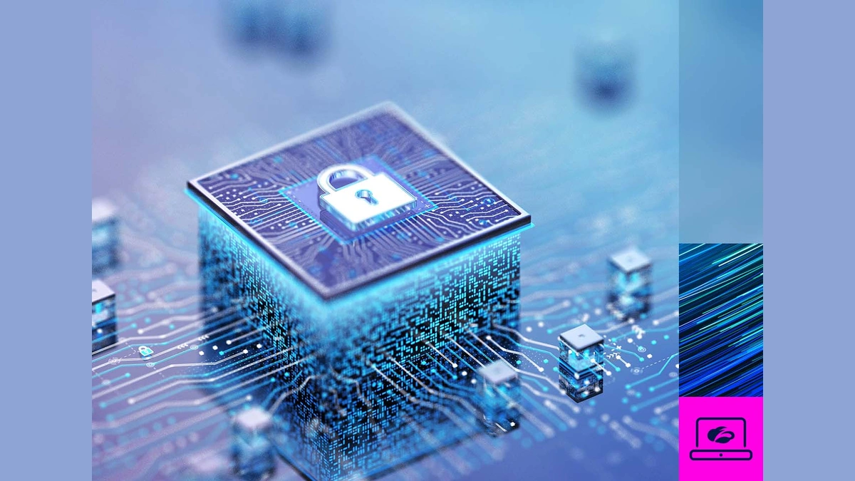 A close-up of a circuit board with a glowing blue cube and a padlock icon on top.