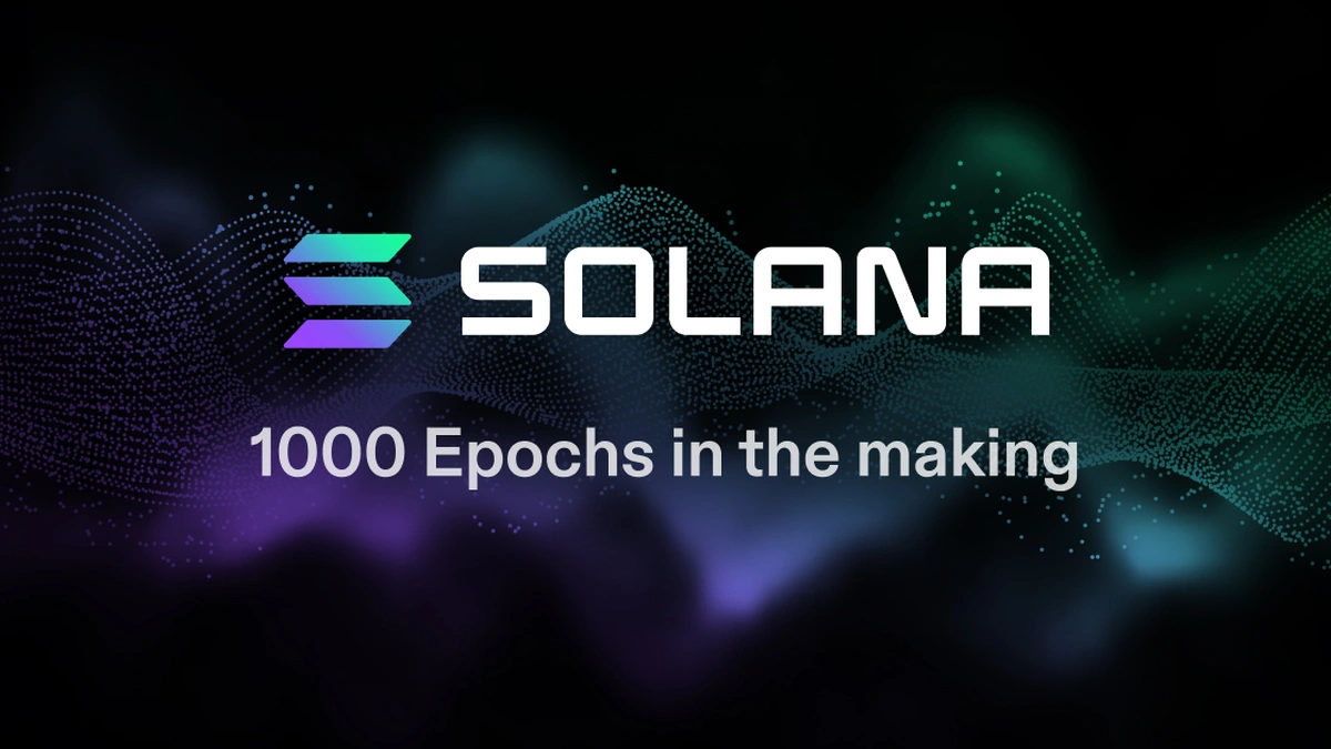 Solana logo and text 'SOLANA 1000 Epochs in the making' on a dark background with glowing dots.