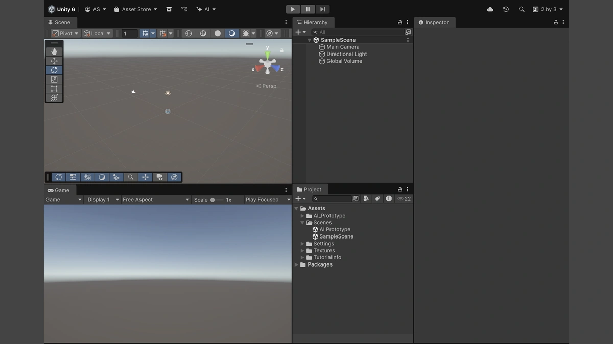 A screenshot of the Unity 6 game engine interface, showing the Scene, Game, Hierarchy, Project, and Inspector panels.