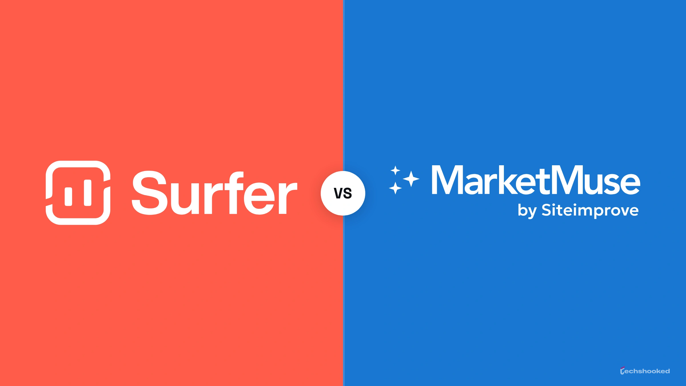 Surfer and MarketMuse by Siteimprove logos on a split VS card comparing SEO content tools