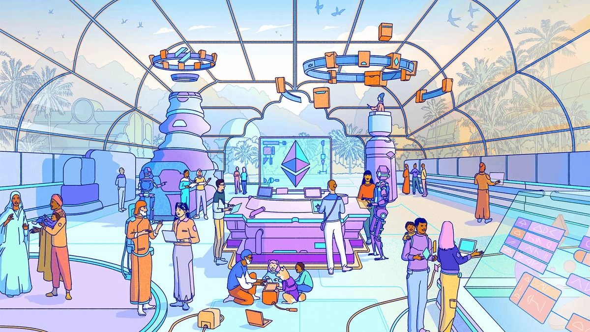 Illustration of people and robots in a futuristic, glass-domed building with an Ethereum logo on a large screen.