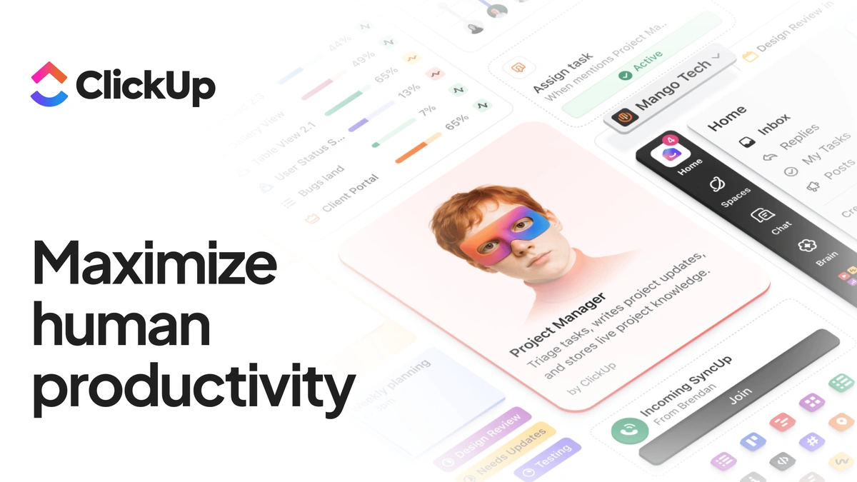 ClickUp logo and text 'Maximize human productivity' with various UI elements from the ClickUp app.