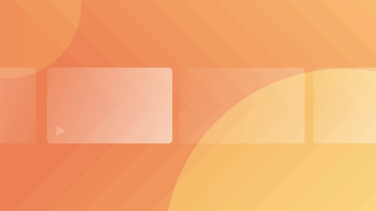 Abstract background with orange and yellow gradients, diagonal lines, circles, and translucent rectangles.
