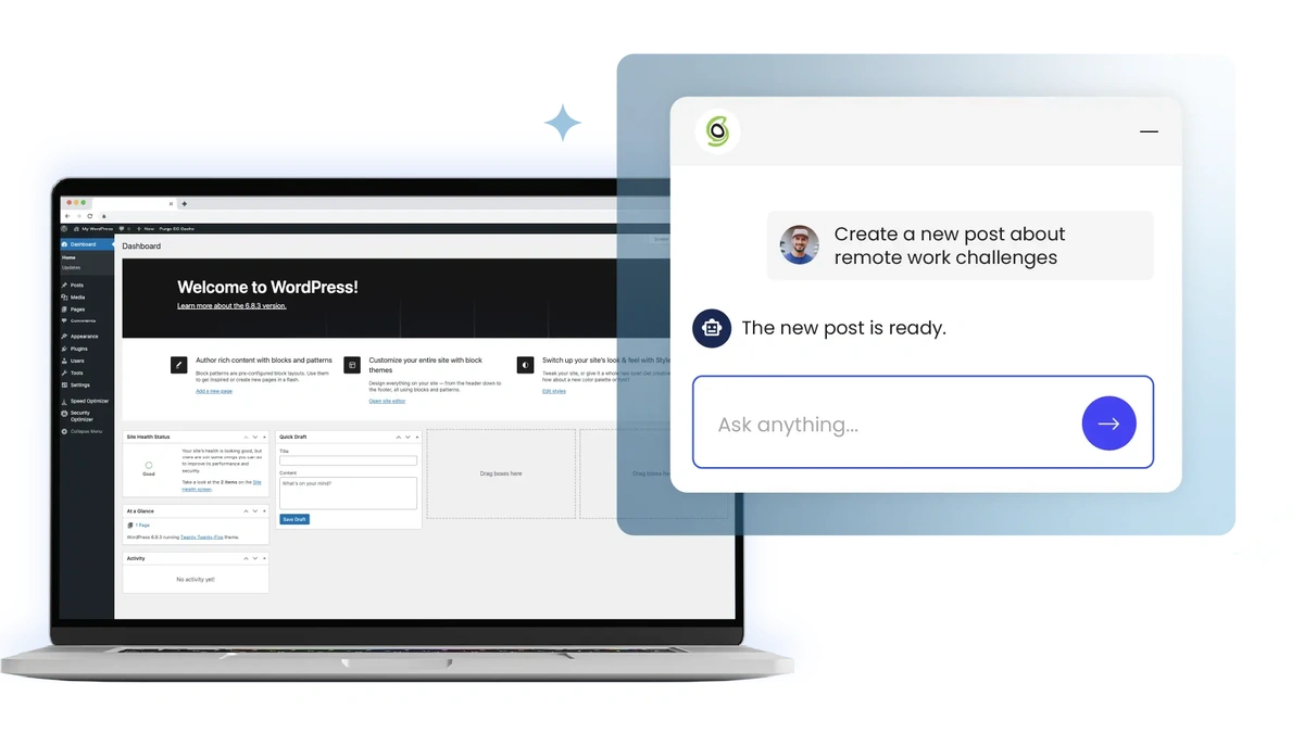 A laptop displaying the WordPress dashboard, with a chat interface overlayed showing a request for a new post.