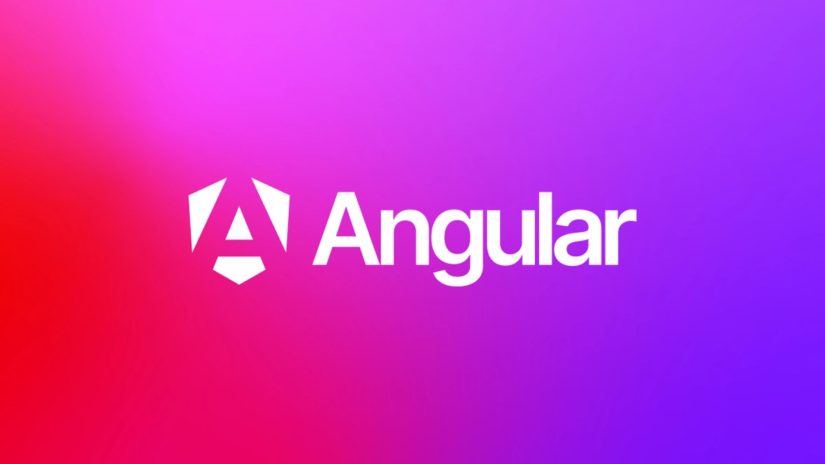 Angular logo and text on a gradient background from red to purple.