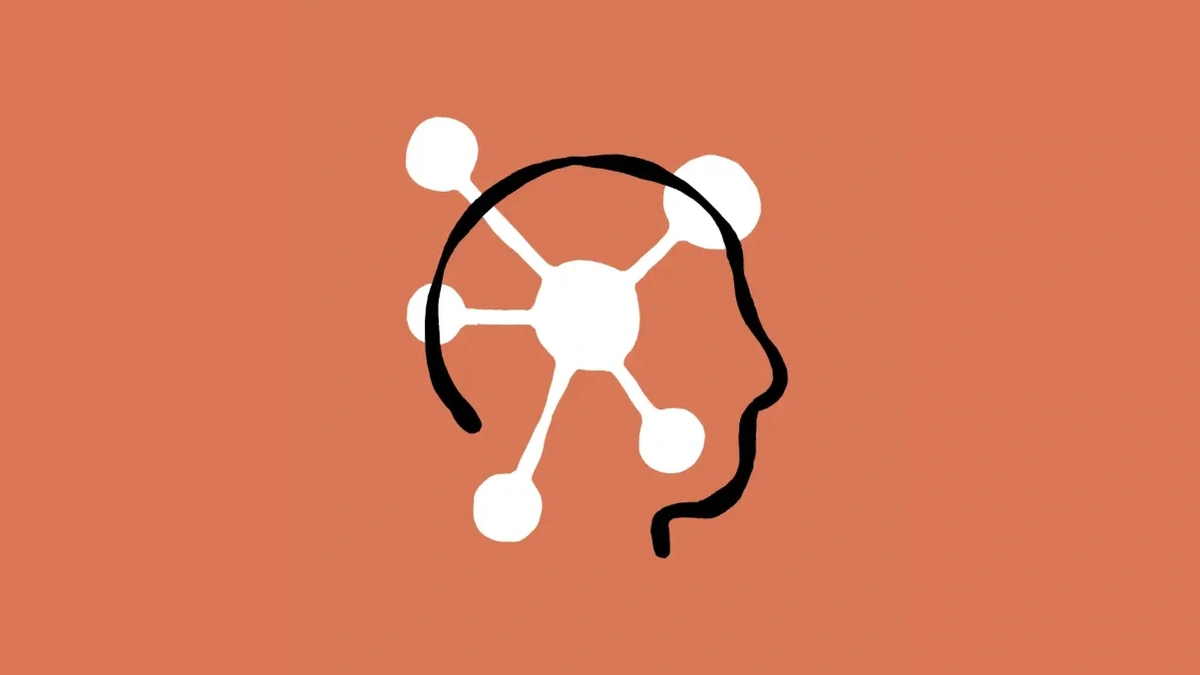 A black outline of a human head in profile, with a white network of connected circles inside it, on an orange background.