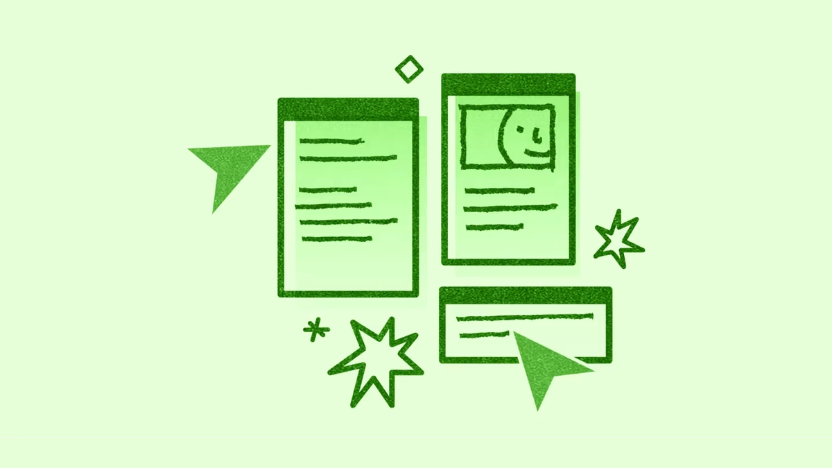 Illustration of three green UI elements: two larger cards with text and one with a face, and a smaller card.