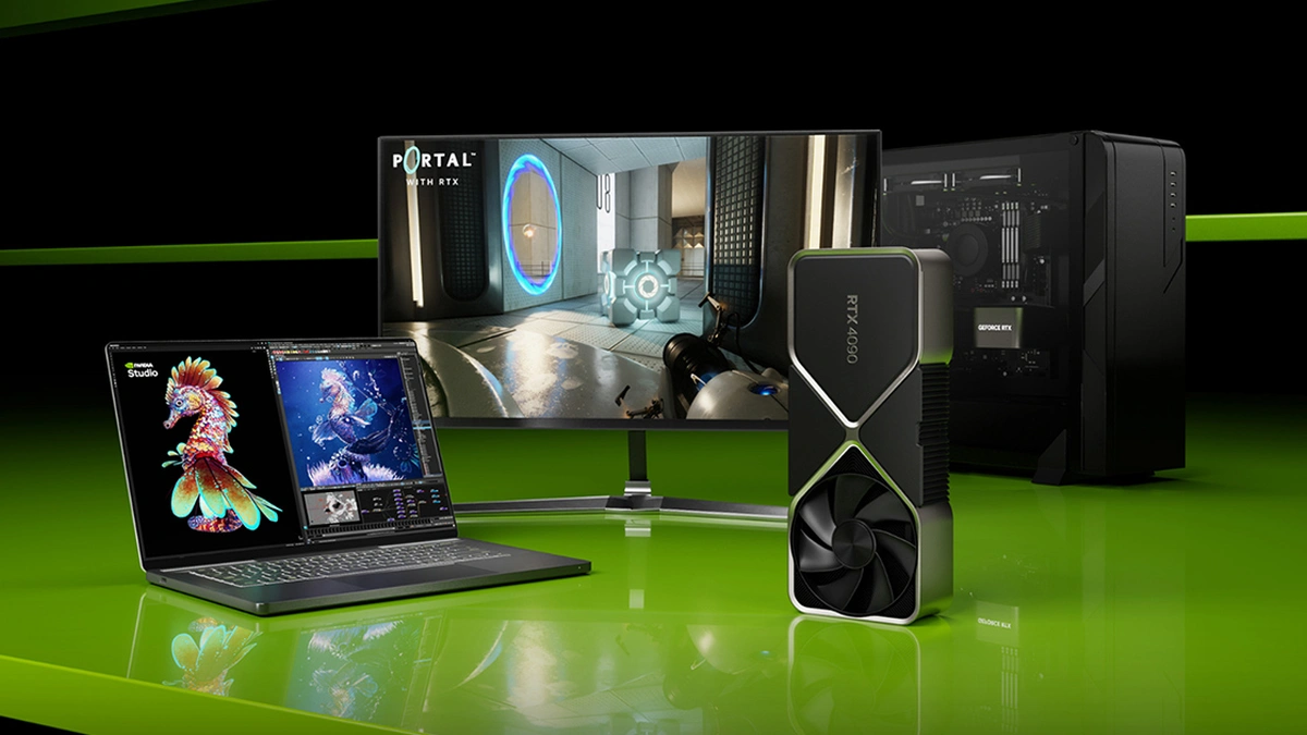 NVIDIA RTX 4090 GPU, gaming PC, laptop with NVIDIA Studio, and monitor displaying Portal with RTX.