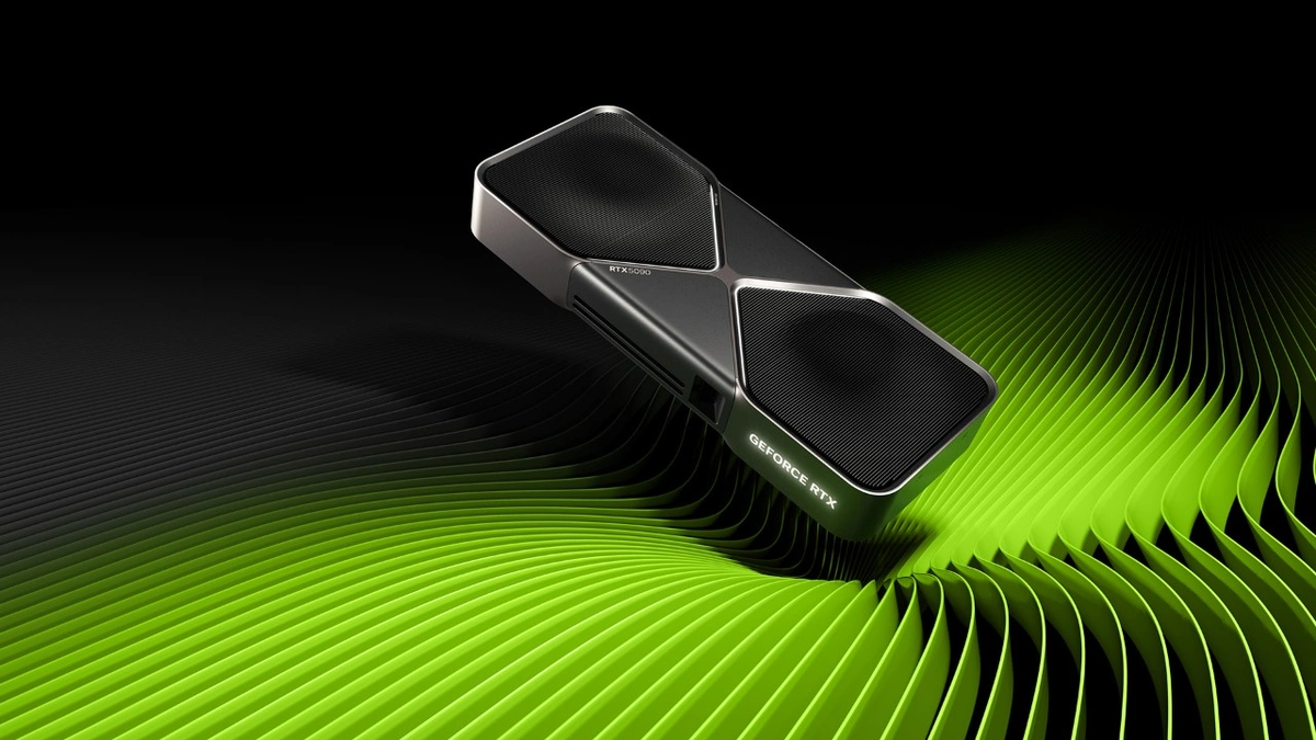 A black and silver NVIDIA GeForce RTX 3090 graphics card resting on a wavy green and black surface.