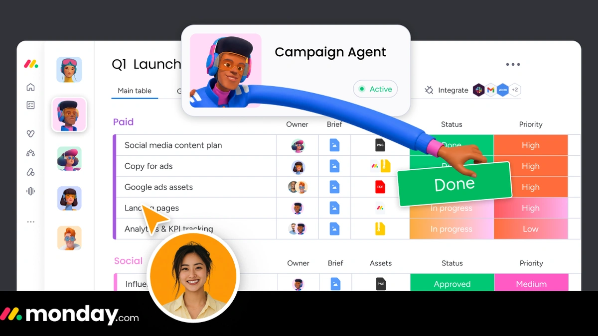 A monday.com interface showing a Q1 Launch table with tasks, owners, briefs, statuses, and priorities. A