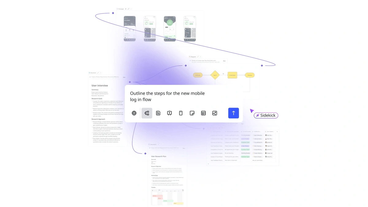 A white background with various digital documents and diagrams, including a Notion document, a Miro diagram, and mobile app