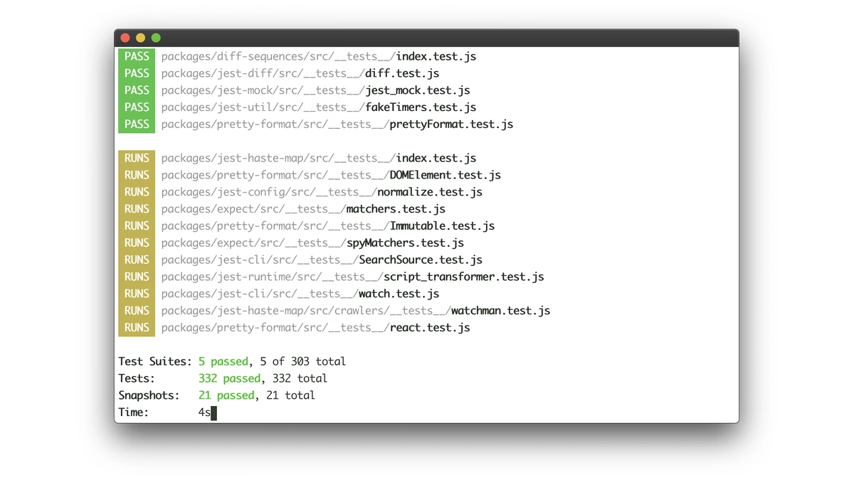 A terminal window displaying Jest test results. Five test suites passed, and several others are running.
