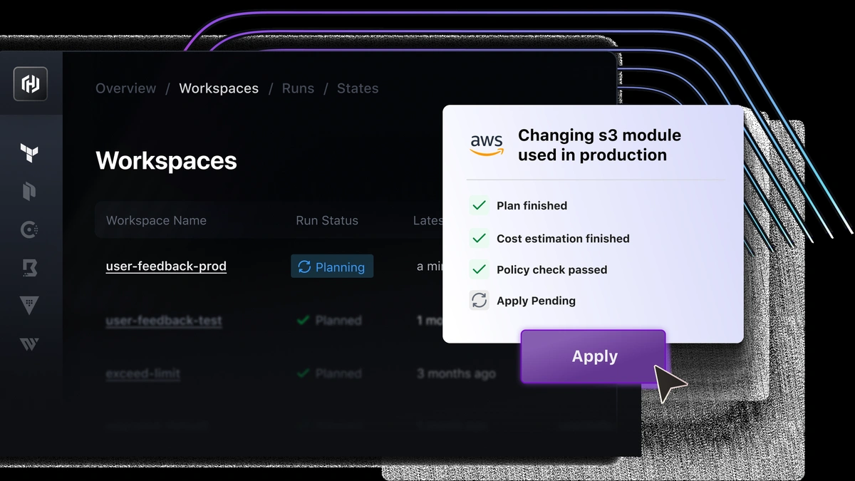 Terraform Cloud workspace overview showing a plan, apply, and policy-check run