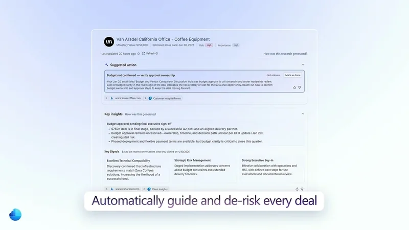 A Microsoft Dynamics 365 interface showing deal insights, suggested actions, and key signals for a sales opportunity.