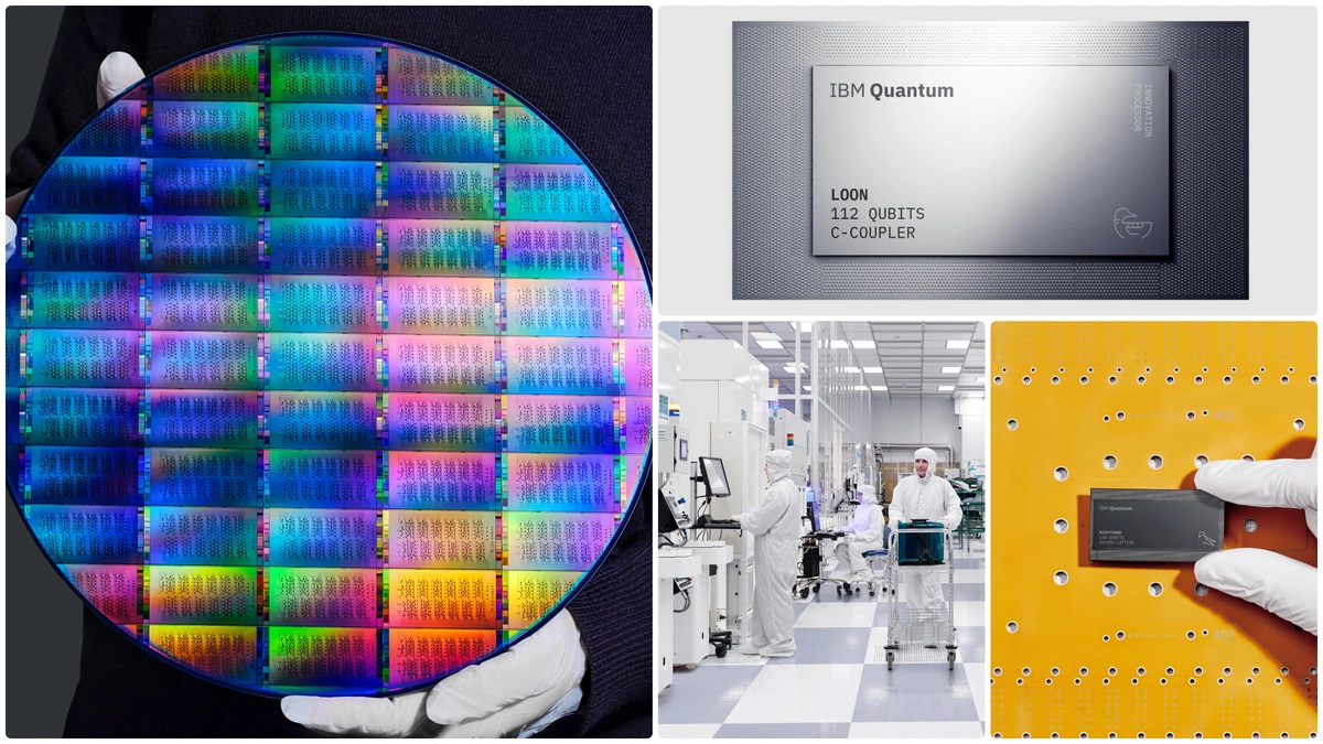 A collage showing a silicon wafer, an IBM Quantum processor, a cleanroom, and a quantum chip being held.
