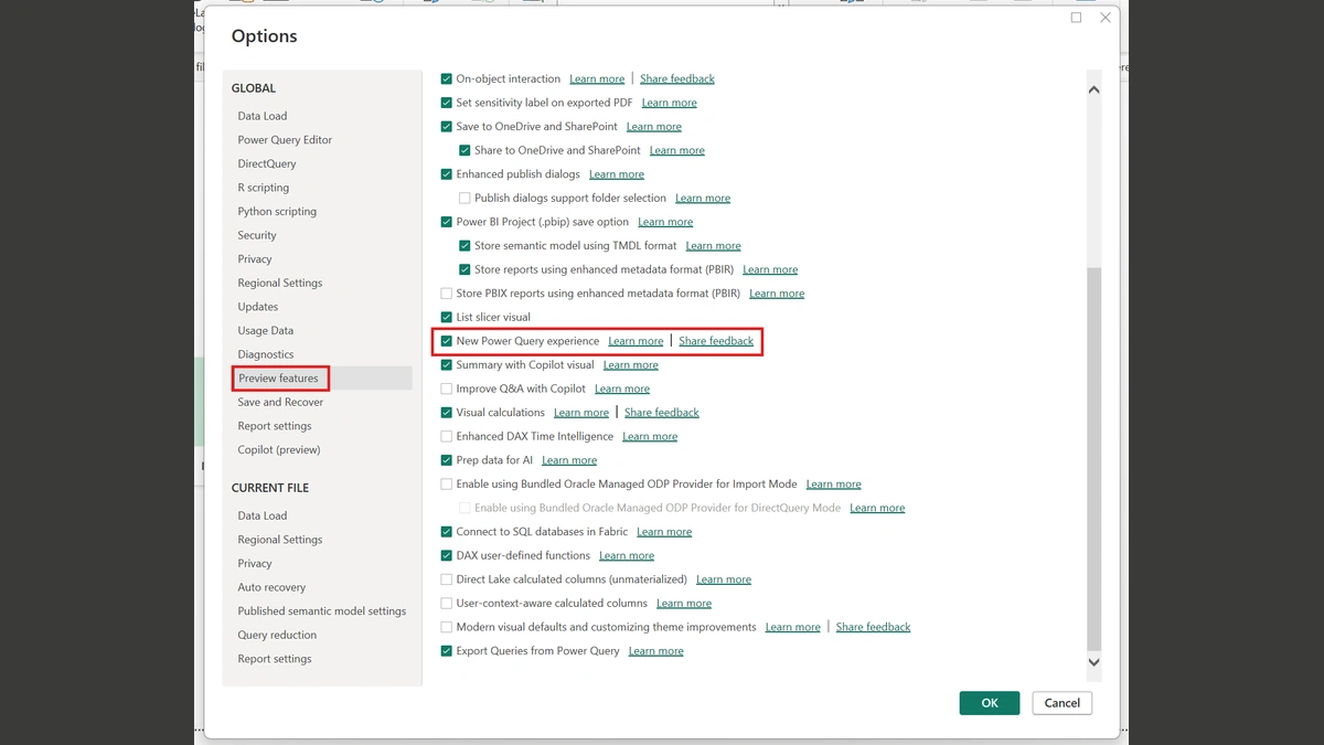 Power BI Desktop Options window, showing the "Preview features" section with "New Power Query experience" checked.