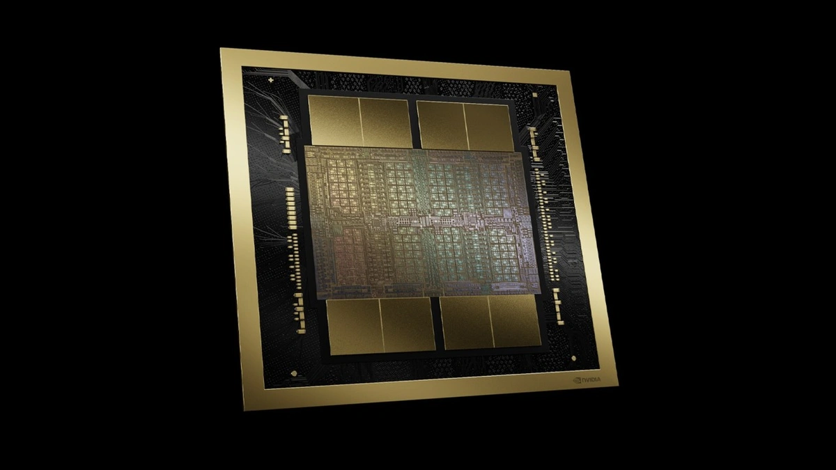An NVIDIA GPU chip with a large central die and surrounding memory modules, set against a black background.