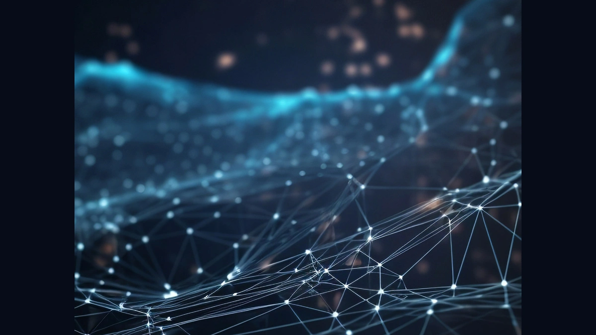 Abstract image of glowing white dots connected by lines, forming a network or mesh against a dark background.