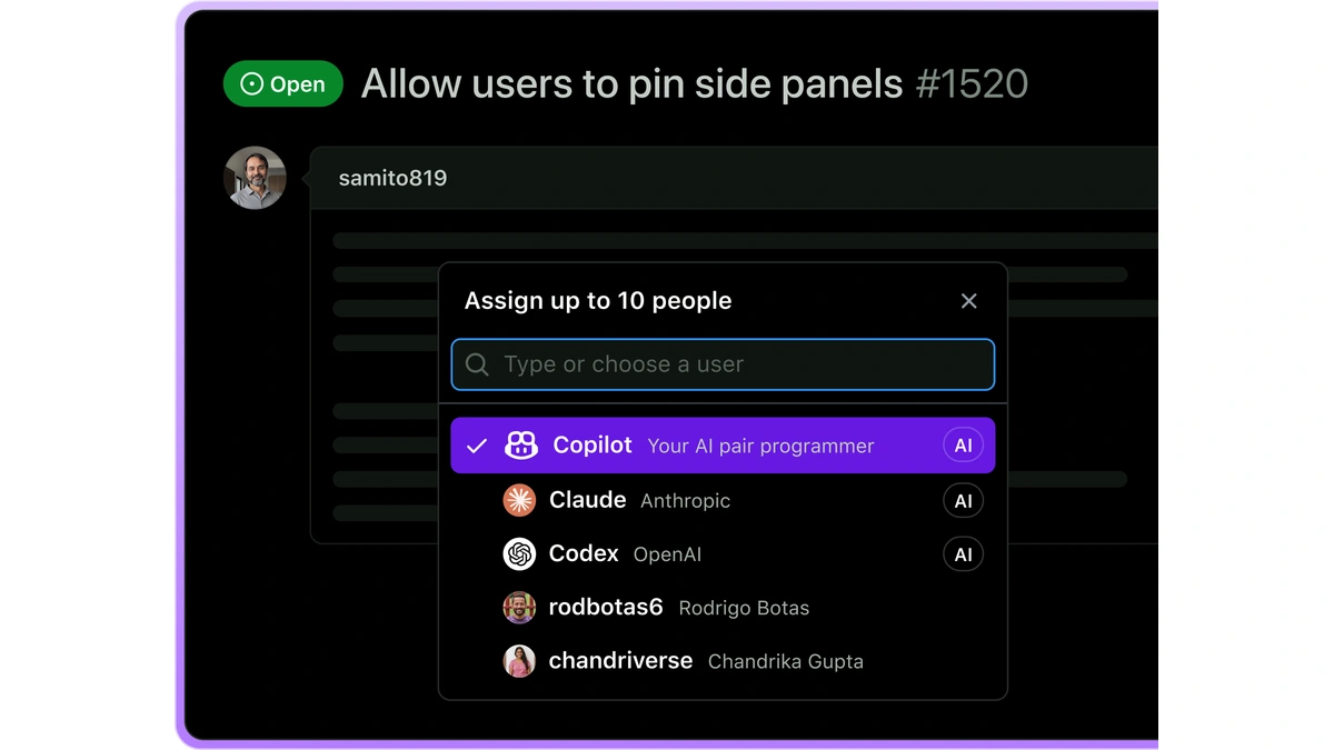 A GitHub issue titled 'Allow users to pin side panels #1520' with an 'Assign up to 10 people' dropdown open.