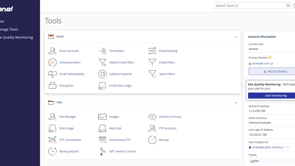 cPanel interface showing 'Tools' section with Email and Files categories, and General Information sidebar.