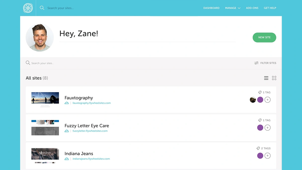 Flywheel dashboard showing a list of websites, a search bar, and a 'New Site' button.