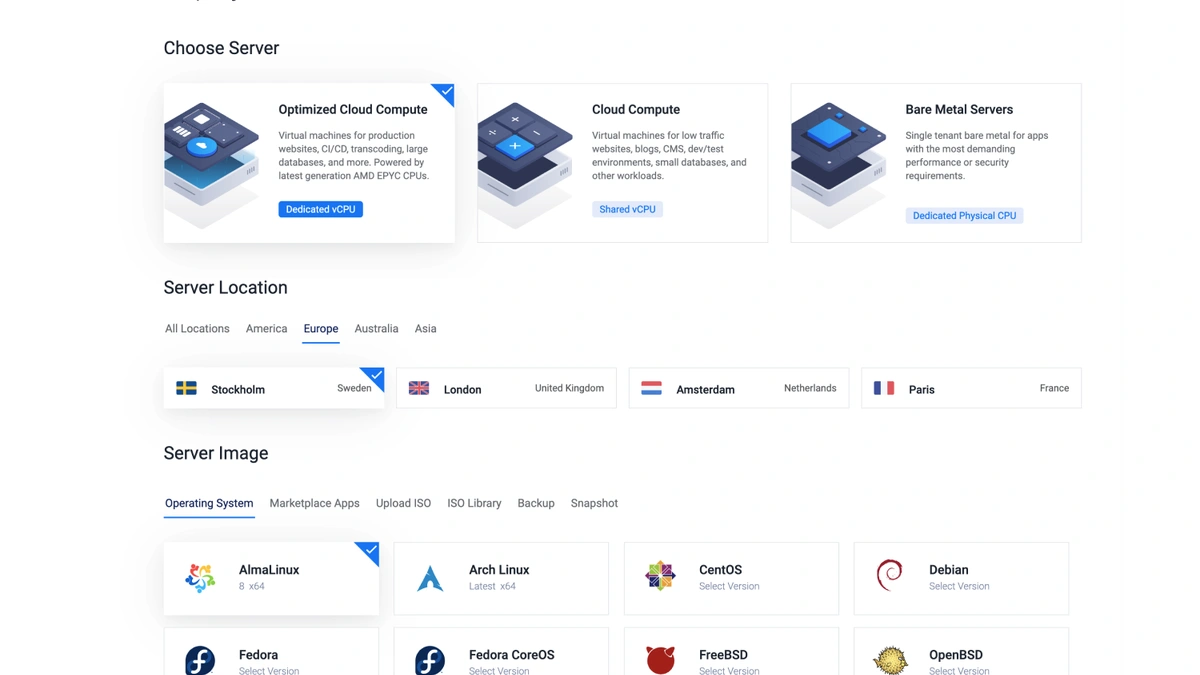 Vultr server configuration page showing server types, locations (Europe selected), and OS images.