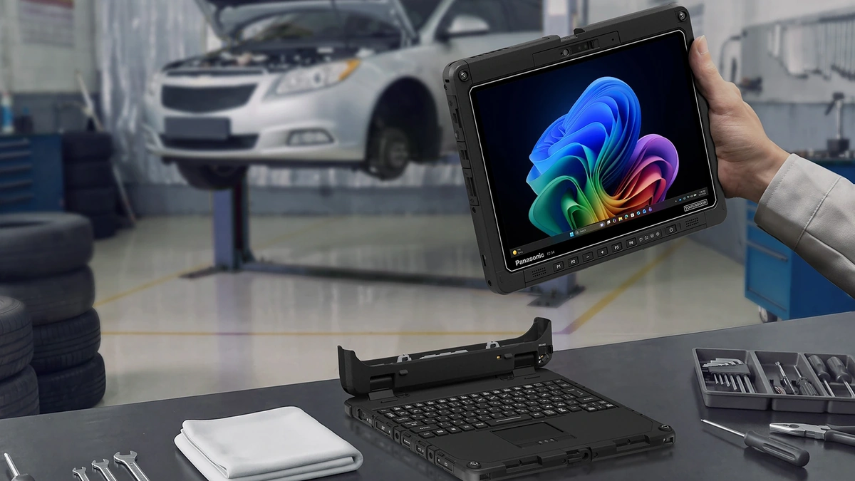 TOUGHBOOK FZ-34 held as a tablet in a vehicle workshop, its keyboard dock on the bench below